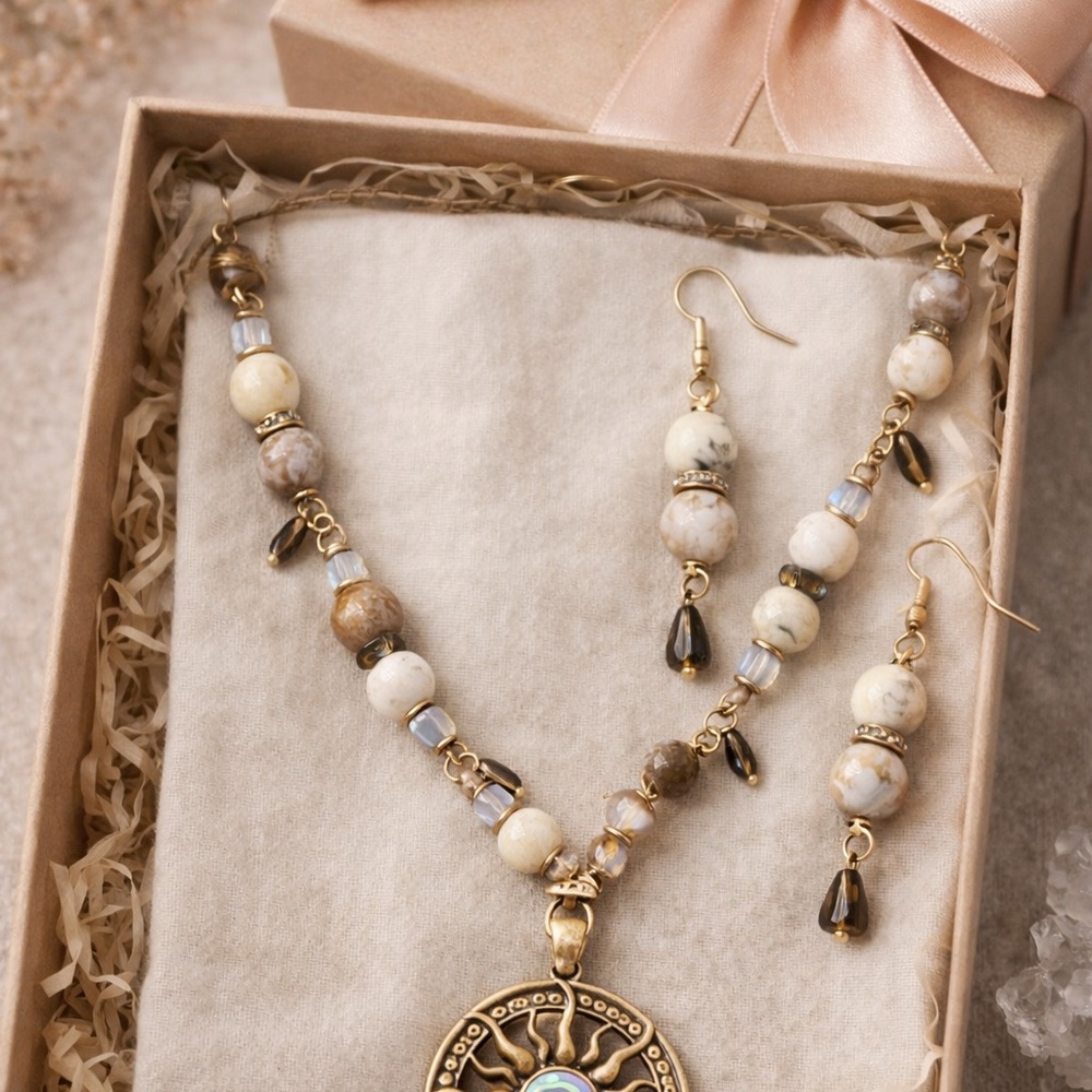 Handmade Dendritic Opal & Smoky Quartz Sun Necklace Set - Picture 4 of 6